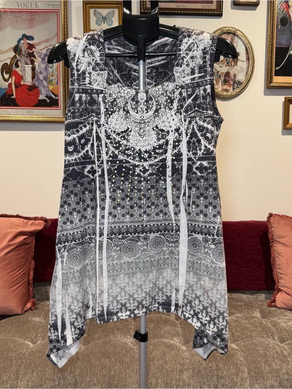 Black & White Sleeveless Embellished Tank Top